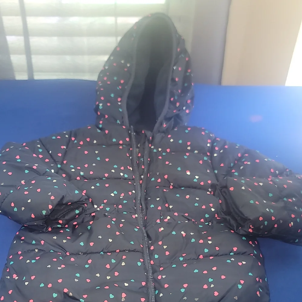 Dark Blue Puffer Jacket with Pink & Teal Heart Print